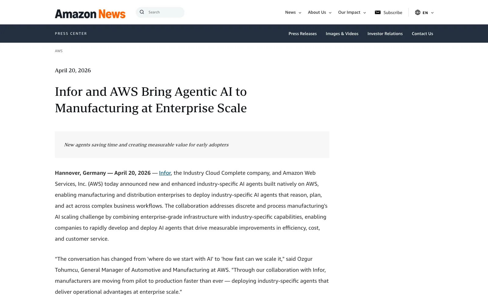 Infor × AWS Agentic AI 製造業エンタープライズ