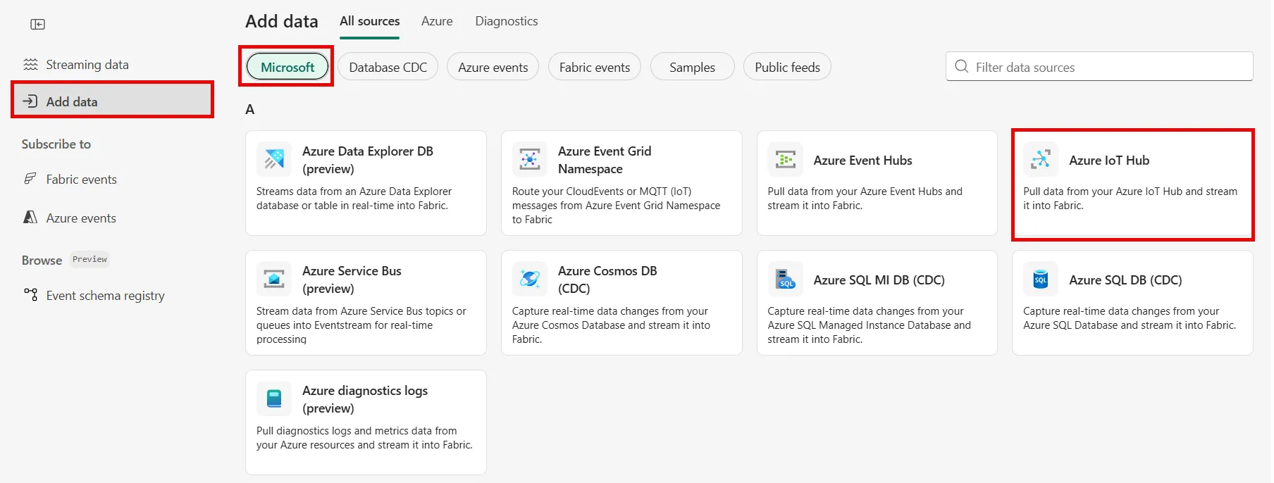 Microsoft Fabric Real-Time HubでAzure IoT Hubをソースとして接続する画面