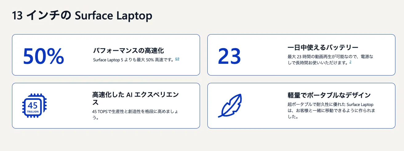 urface Laptop 13インチの主要な技術仕様